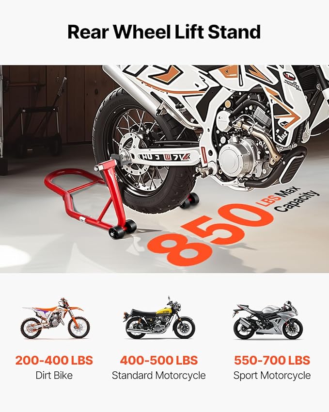 VEVOR Motorcycle Rear Wheel Stand, 850 LBS Load Capacity Heavy Duty Rear Wheel Stand with U + L Fork Swingarm Spool, Adjustabe Motorcycle Lift Jack Stand, for Suzuki Yamaha Honda Kawasaki, Red