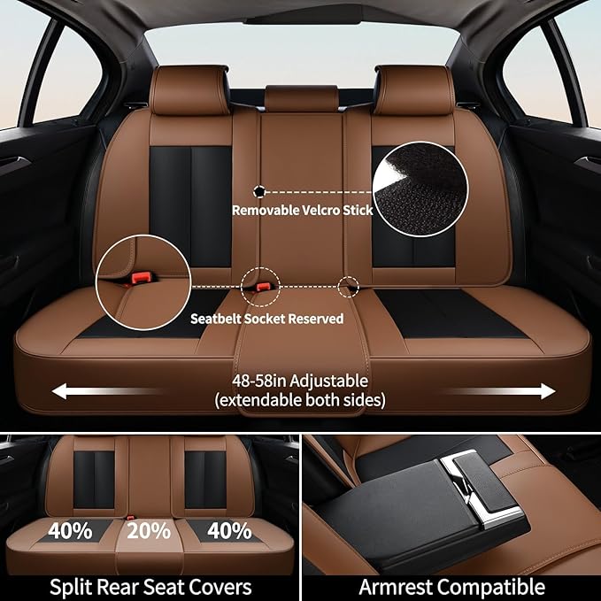 FLORICH Leather Car Seat Covers Full Set, Breathable Waterproof Nappa Leather Seat Covers, Gary Seat Covers, Automotive Interior Cover Universal for Cars SUV Truck Sedan - Light Coffee