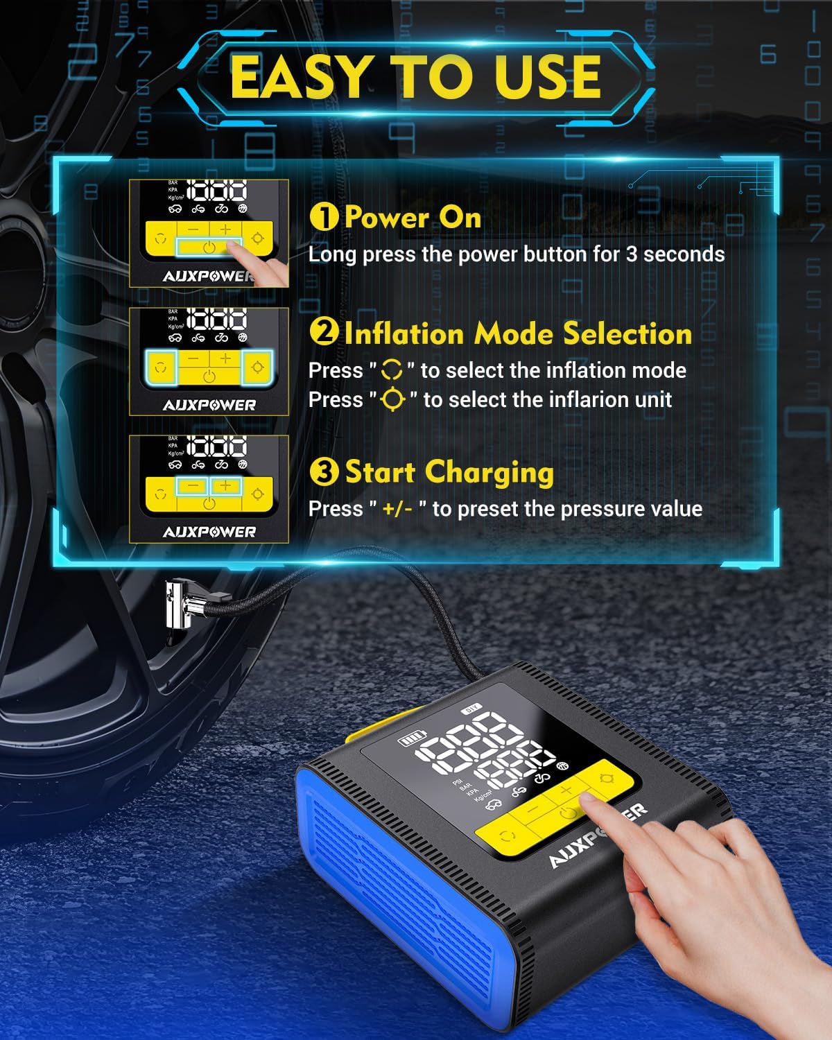 Auxpower H4 Tire Inflator Portable Air Compressor, 150PSI Fast Inflation Air Pump with Pressure Gauge, Auto-Shutoff and LED Light, 12V Cordless Tire Inflator for Car, Motorcycle, Bicycle, Balls