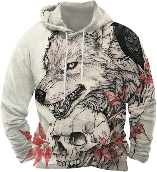 Mens Animal Print Graphic Hoodies Casual Long Sleeve Japanese Art Style Hooded Sweatshirt Lightweight Pullover Tops