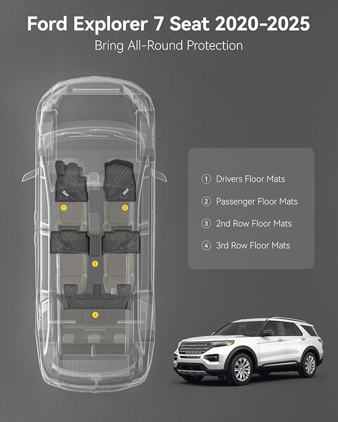 3W Floor Mats Custom Fit for 2020-2023 2024 2025 Ford Explorer 7 Passenger, All Weather TPE Full Set Car Accessories Floor Liner Including 3 Rows Car Mats (Includes Explorer Hybrid)