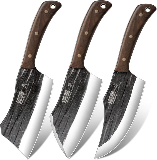 Butcher Knife Set, 3-Piece High Carbon Steel Serbian Chef Knife Set of Heavy Duty Boning Knife & Meat Cleaver Knives & Viking Knives for Home, Cooking, Outdoor Camping BBQ