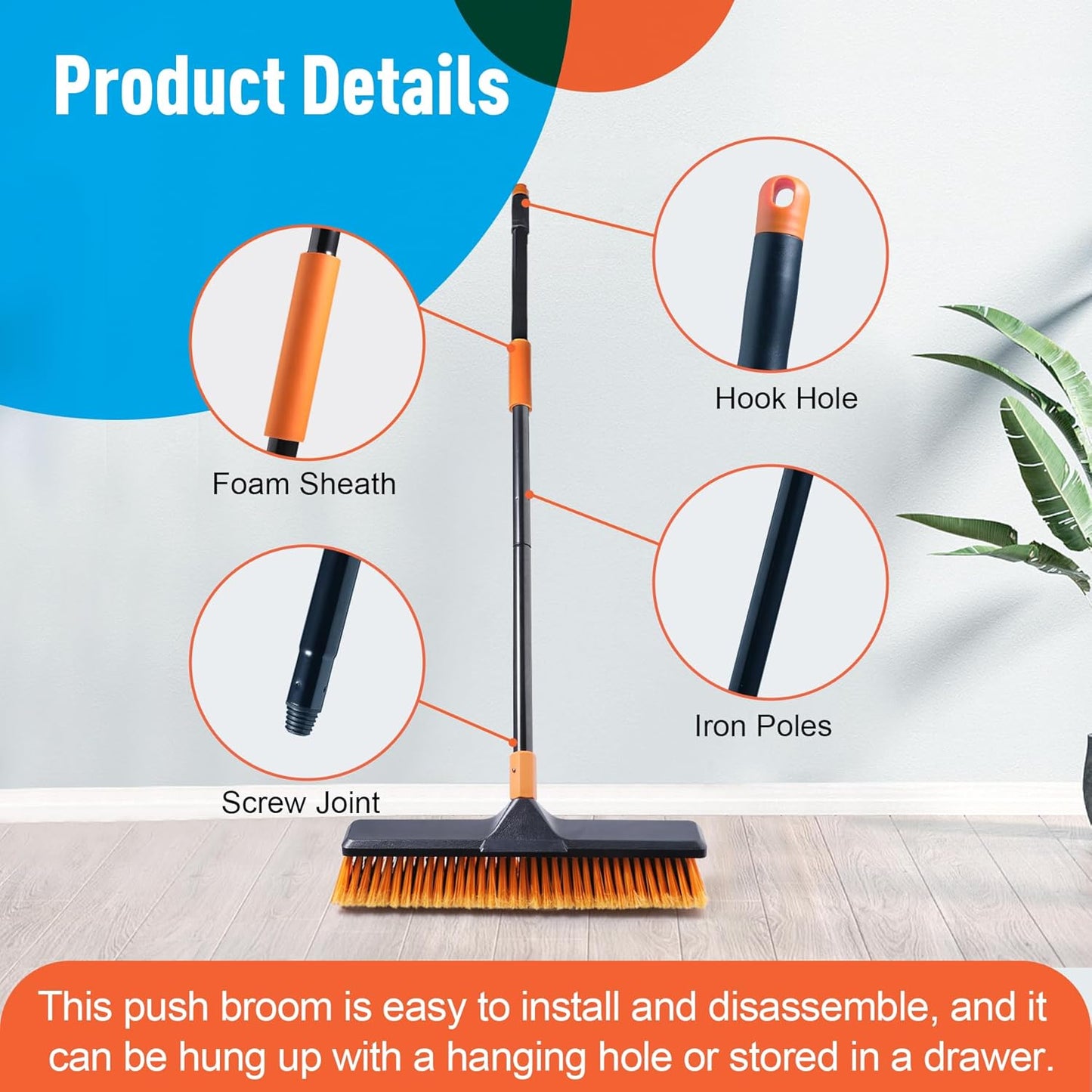 2 Set 18" Push Broom Outdoor with 65” Extendable Long Handle, Stiff Bristle Heavy Duty Broom for Indoor and Outdoor, Bathroom, Kitchen, Tub, Tile, Patio, Deck, Concrete, Commercial Brooms