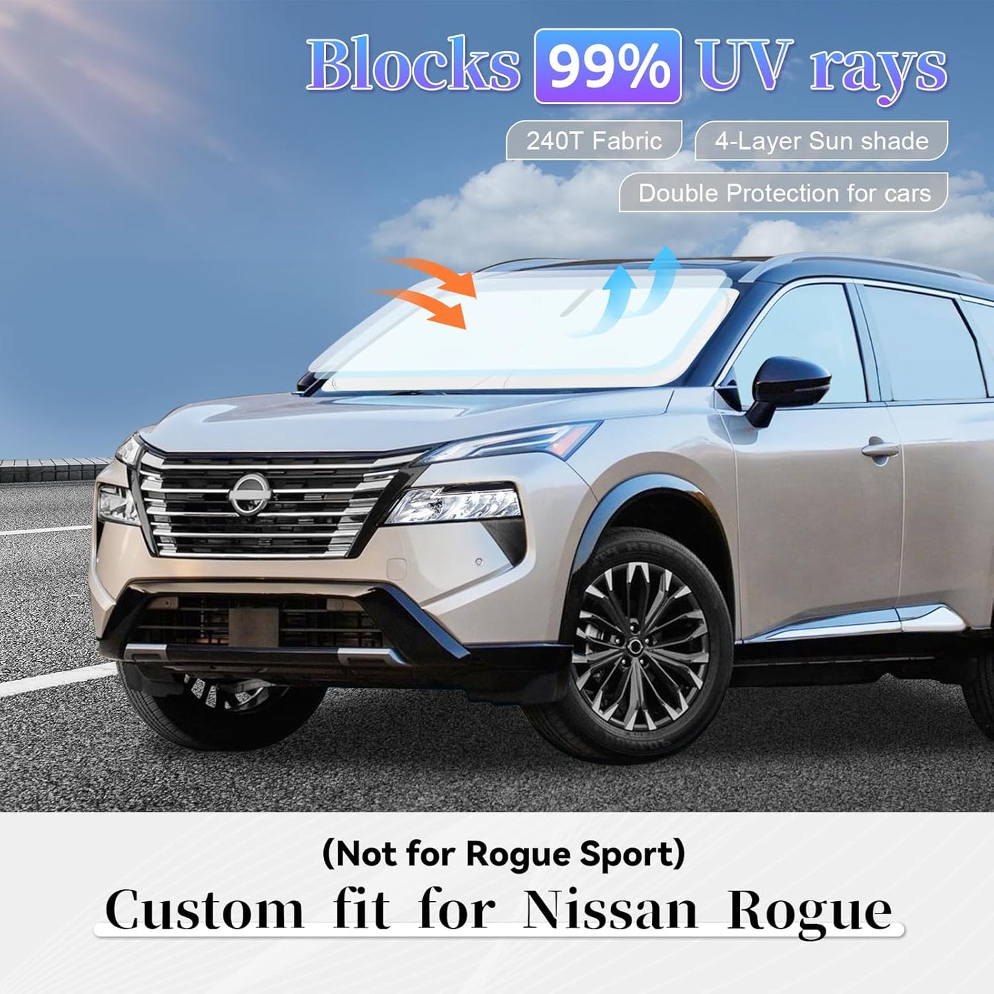 Sun Shade Sunshade for Nissan Rogue Windshield Cover,4-Layer Front Window Shade Custom Fit Rogue 2021-2024 2025 (Not for Rogue Sport) Sun Visor 240T Retractable Shade Shield Blocks UV Rays