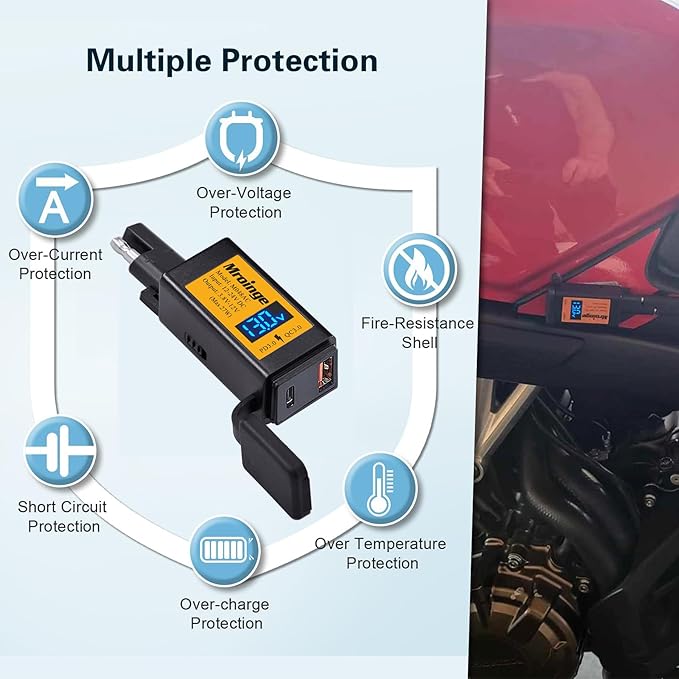 Motorcycle USB-C Charger, SAE to USB Adapter, 27W Dual Port USB Fast Charger with Voltmeter/Ammeter and ON/Off Switch, Perfect for Phone, Tablet, GPS etc Charging