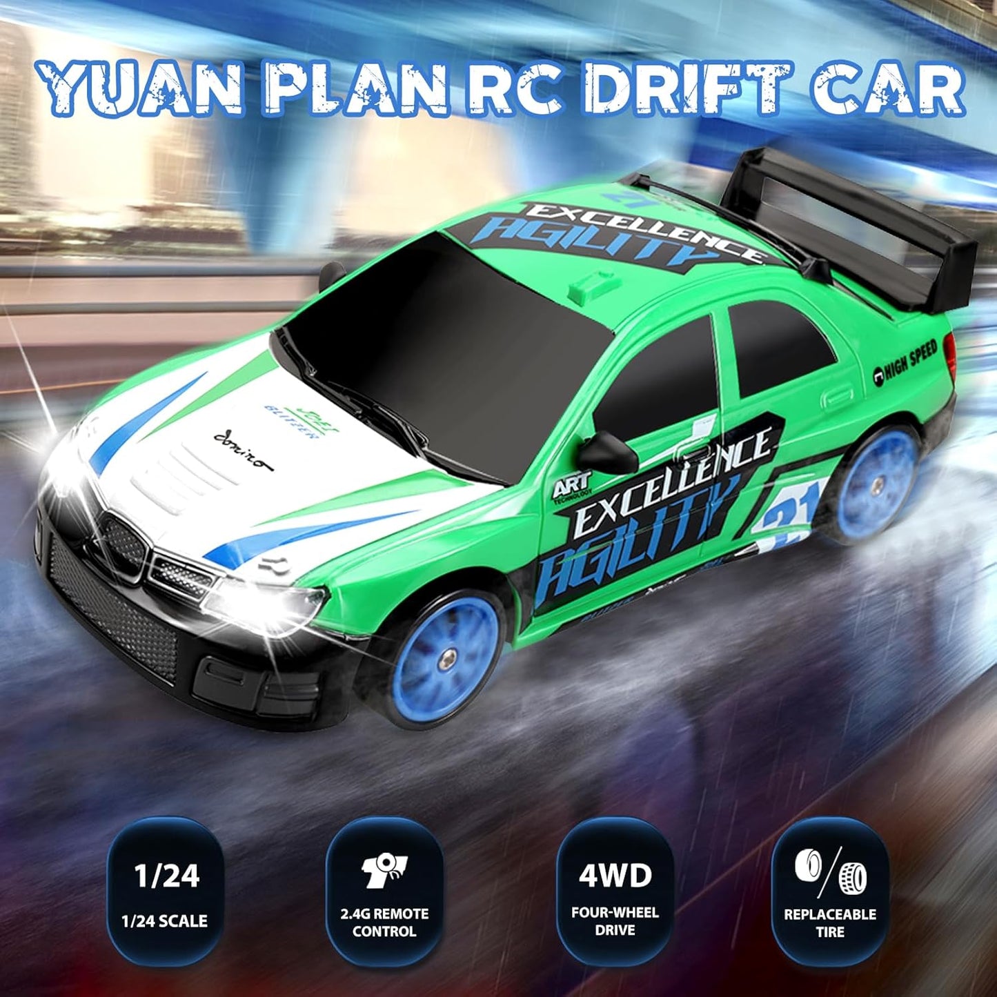 RC Drift Car 2.4GHz 1:24 Scale 4WD Remote Control Car 15KM/H High Speed Drifting RC Cars with Cool Lights, Two Batteries and Extra Tires Toys for Kids Boys Girls Adults, Green