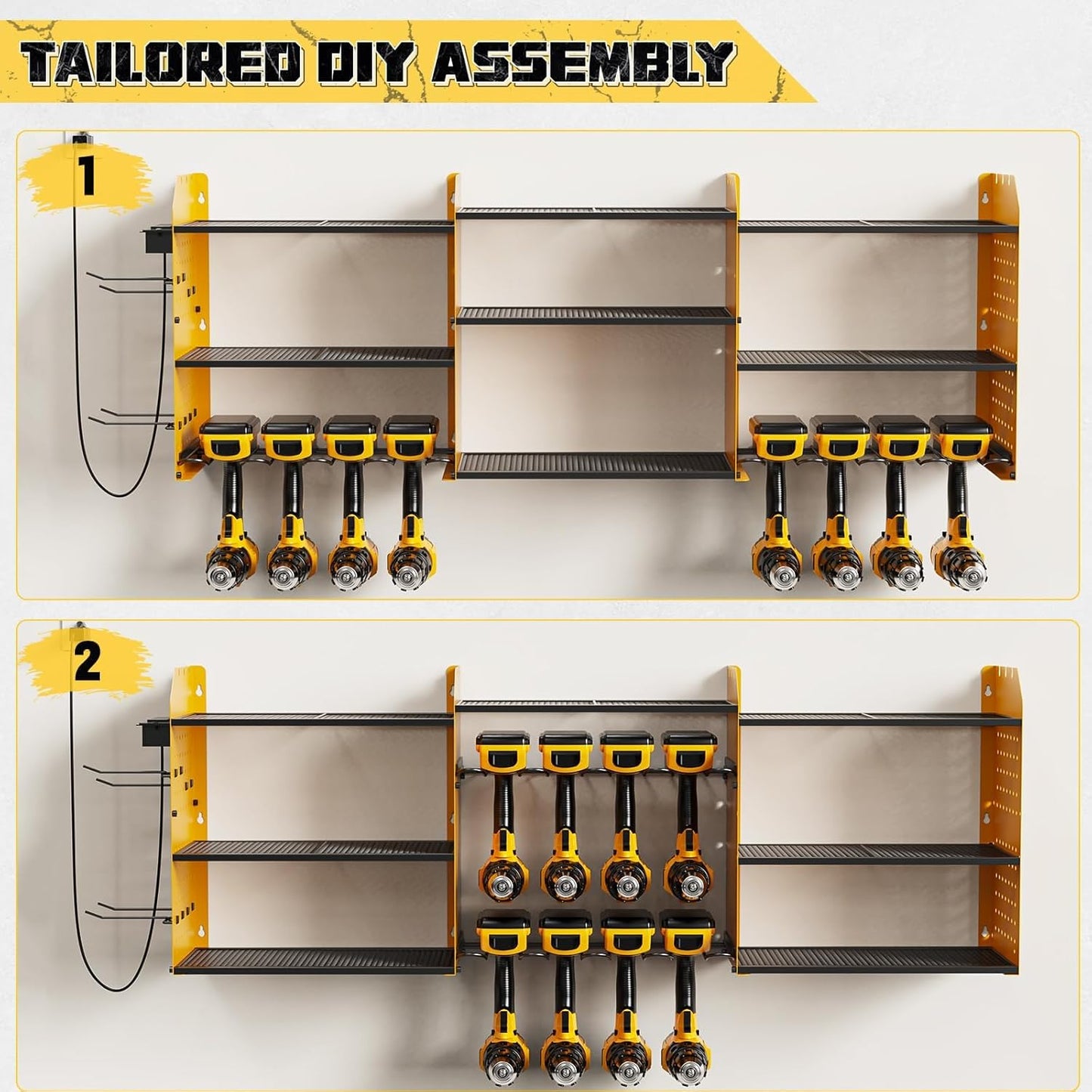 Power Tool Organizer with Charging Station Wall Mount, 3 Layer Expanded Heavy Duty Garage Organization, 45.5 Inch Length Garage Tool Storage, 8 Drills, 2 Assemble Method, Yellow