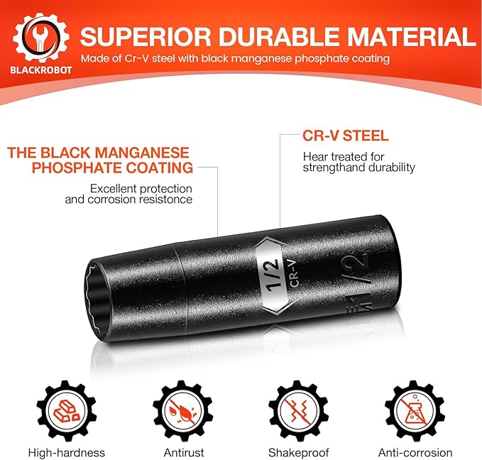 BLACKROBOT 1/2 inch 12-Point Deep Impact Socket, 1/2 Inch Drive, Metric, Cr-V Steel With Black Manganese Phosphate Coating