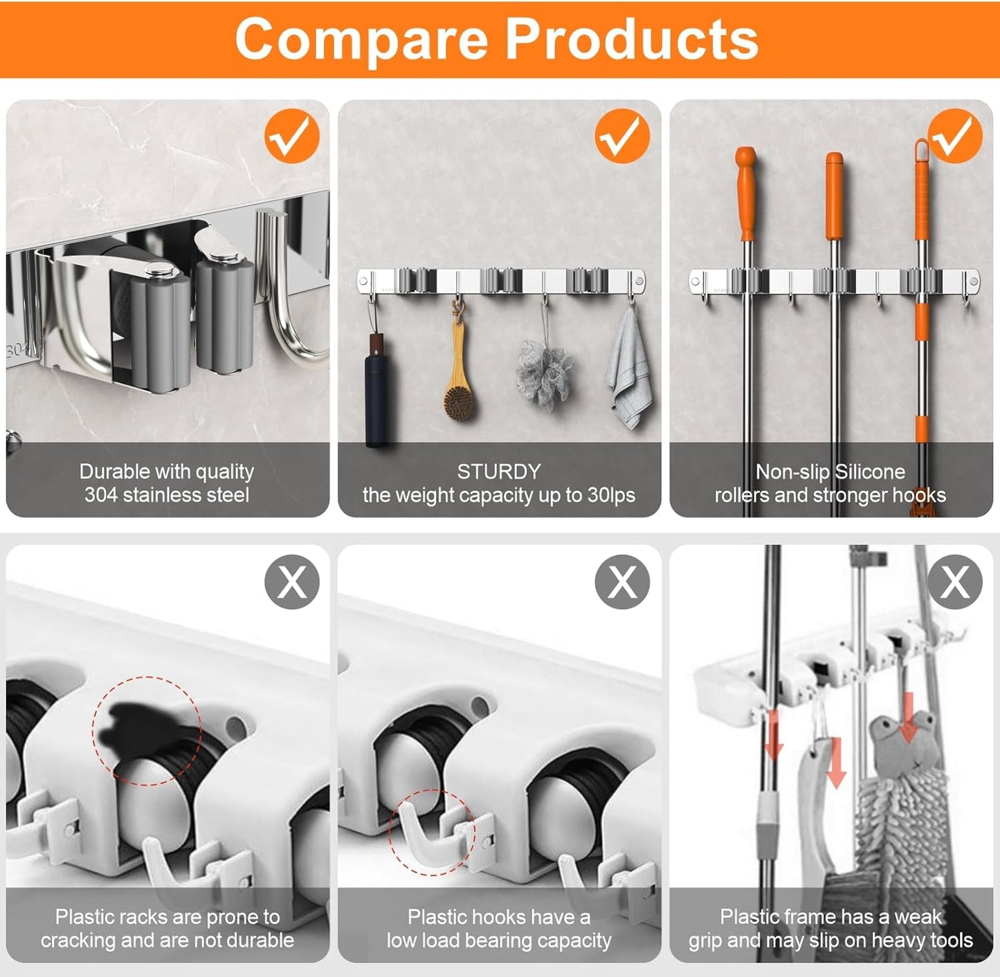 Mop and Broom Holder Wall Mount, Upgraded Broom Organizer Wall Mount, Stainless Steel Broom Hanger Wall Mount for Home Kitchen Garden Laundry Garage (4 Racks with 5 Hooks Silver)