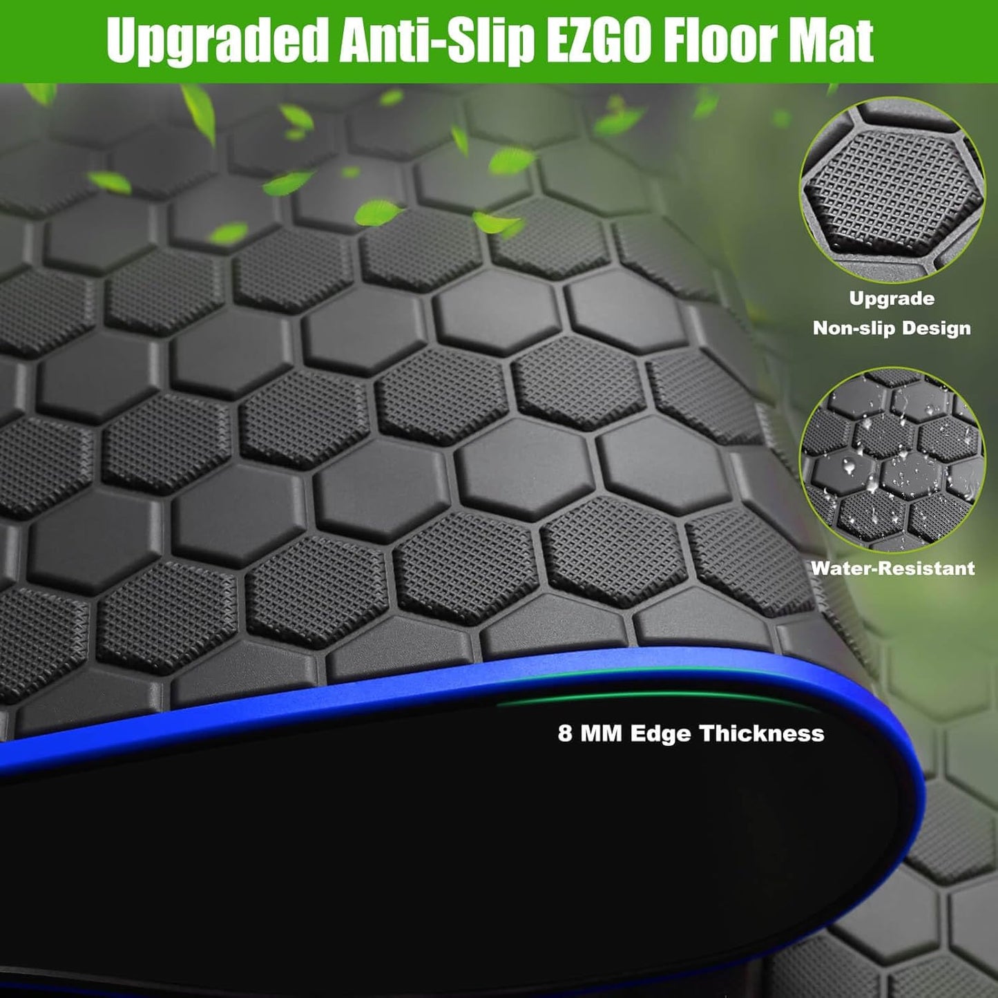 EZGO TXT Golf Cart Full Coverage Floor Liner Mat, fits EZGO TXT (1994+), Valor(1994+), Express S4(2012-2020), Cushman Workhorse, EX1(2020), Thick Anti-Slip Rubber, Blue Trim