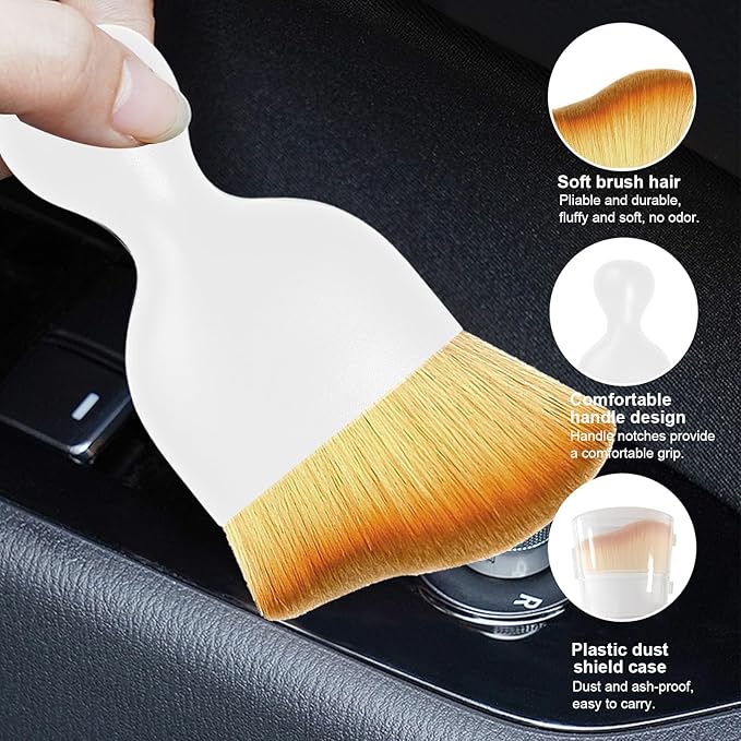 Alupee Car Detailing Brush, Curved Soft Bristles Auto Removal Dust Collectors, Universal Vehicle Dashboard, Air Conditioner Vents etc RV Interior Cleaning Tool Accessories (White-Yellow)