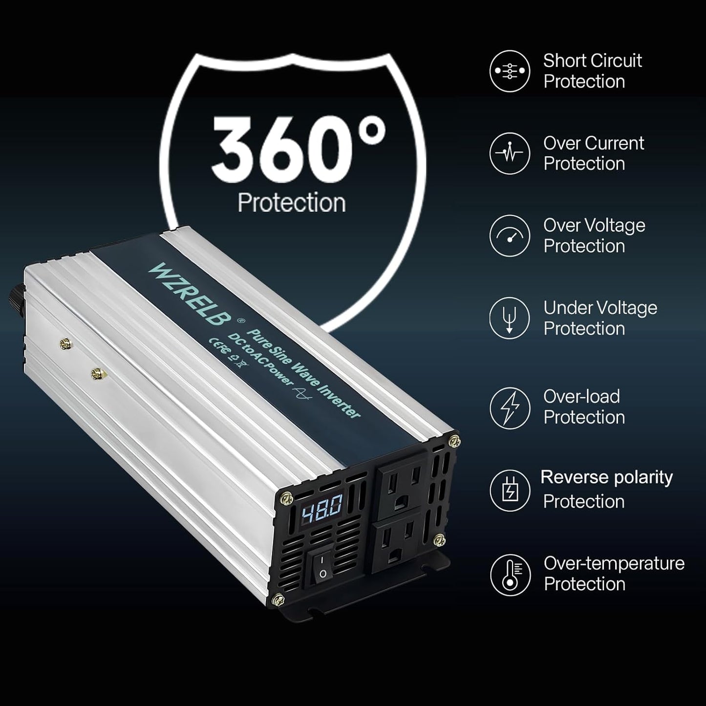 WZRELB 1200W Pure Sine Wave Inverter 48V DC to 110V 120V AC Power Converter with LED Display, Off-Grid Portable Power Inverter with 2 AC Outlets for Home, RV, Truck, Camping