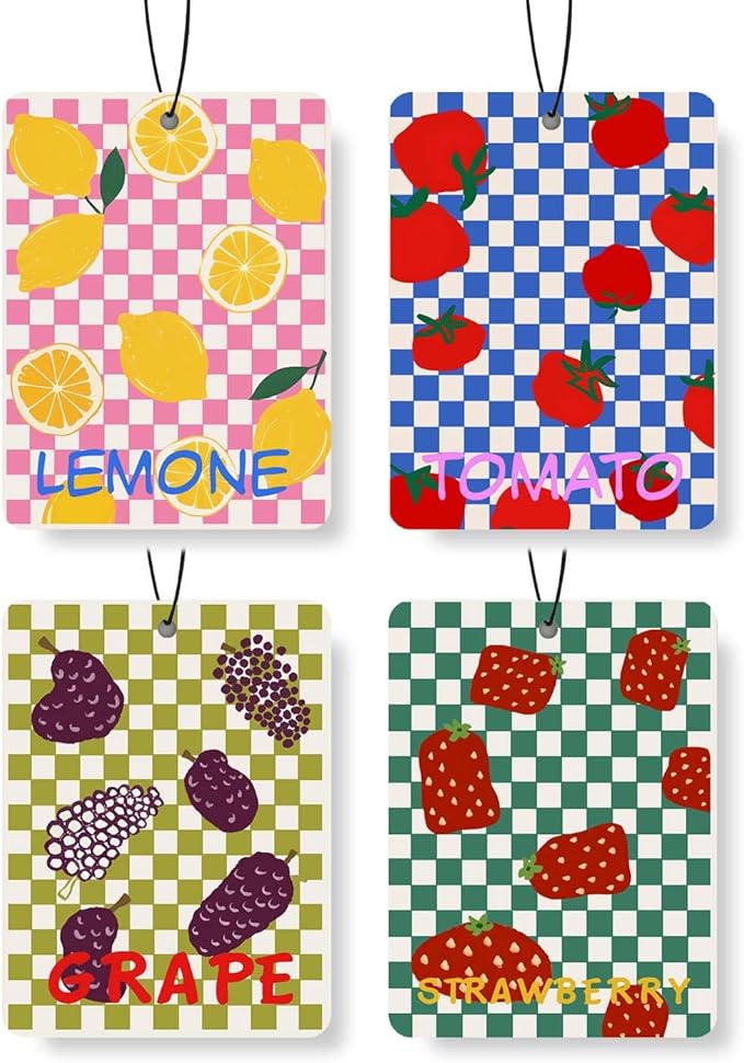 Checkered Fruit Car Air Freshener 4 Pcs, Lemon/Strawberry/Grape/Tomato Hanging Air Freshener for for Cars Closet Drawer Books, Decor for Car Accessories Mirror Decor for women.