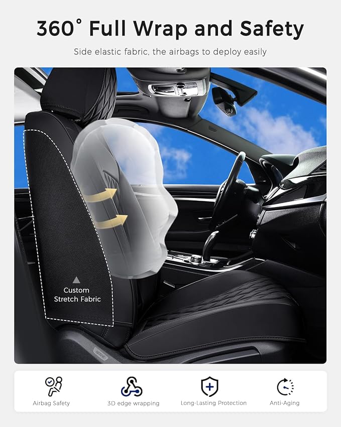 Huidasource Car Seat Covers Full Set, Nappa Leather Seat Covers, Front & Split Rear Bench Car Seat Cover, Zipper, Velcro Adjustable, Universal Fit for Most Cars, Vans, Trucks, SUVs (Full Set/Black)