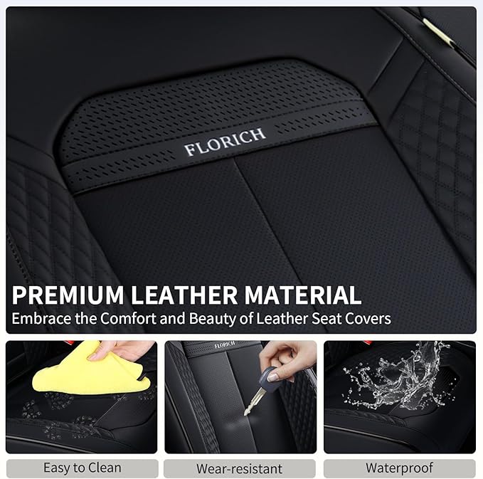 FLORICH 2pcs Car Seat Covers Front Set, Black Car Seat Cover, Breathable Premium Leather Seat Covers, Automotive Vehicle Seat Covers for Cars Trucks Vans SUVs Sedans (2 Packs, Black)