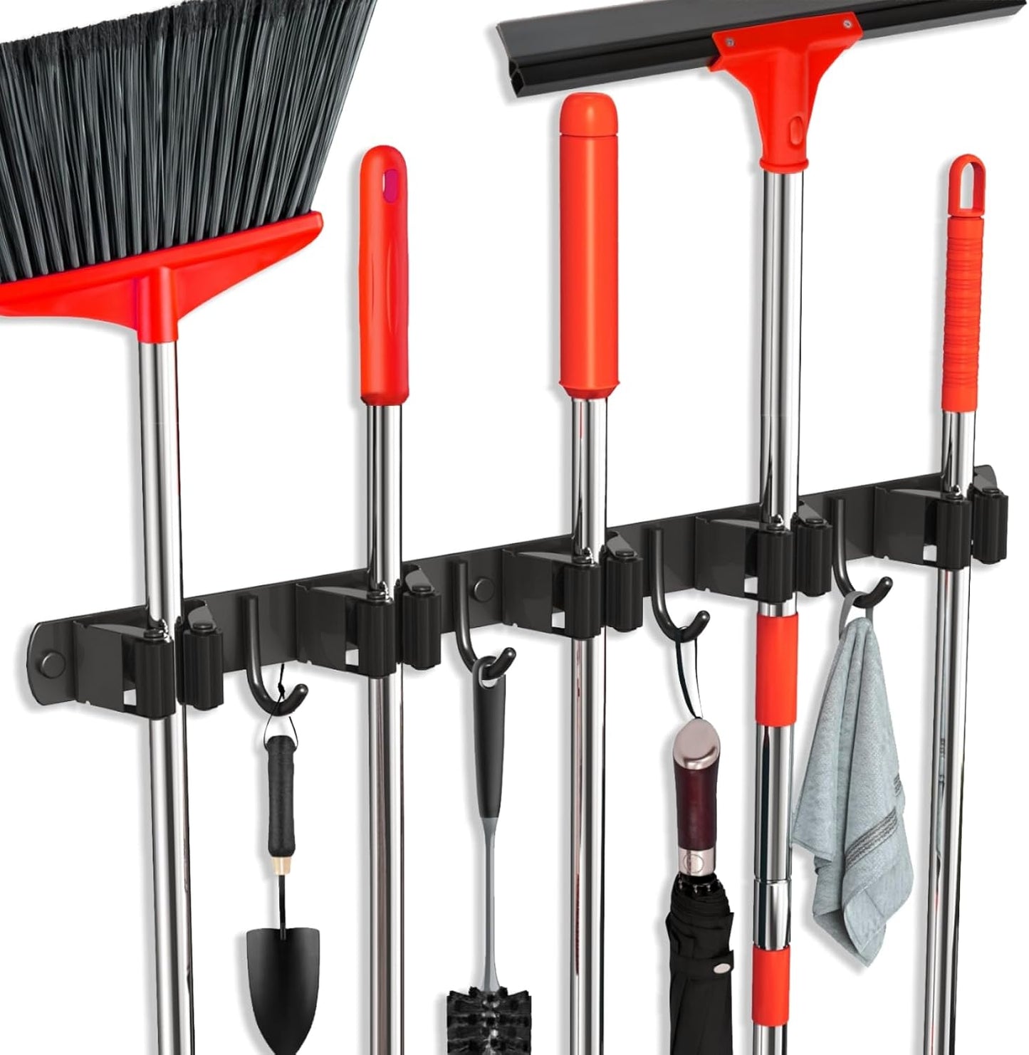 2 Pack Mop and Broom Holder Wall Mount, Upgraded Broom Hanger Wall Mount, Stainless Steel Broom Organizer for Closet Garage Laundry Room Kitchen Wall Decor Black 5R4H