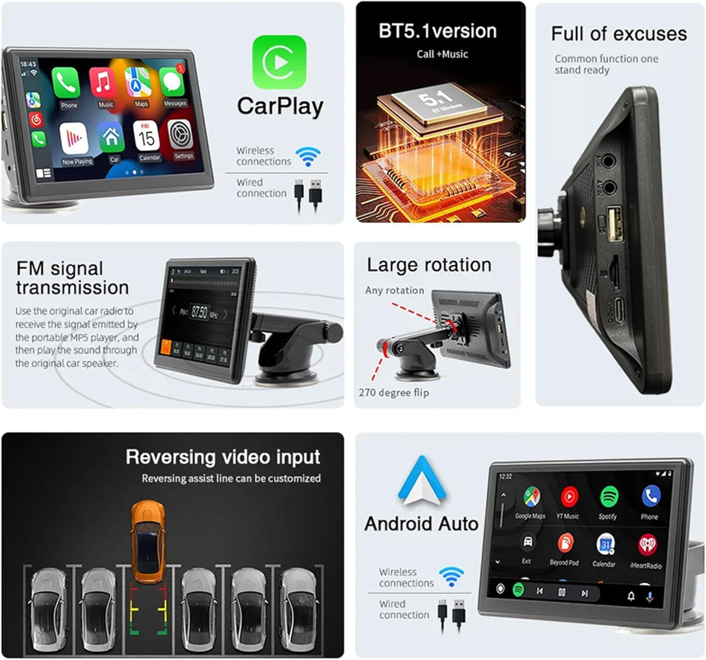 Portable Wireless CarPlay and Android Auto Screen for Car, 7" HD Touch Screen Car Stereo with Mirror Link, Bluetooth 5.0, Backup Camera, AUX,FM Transmitter for All Vehicle (with Camera)