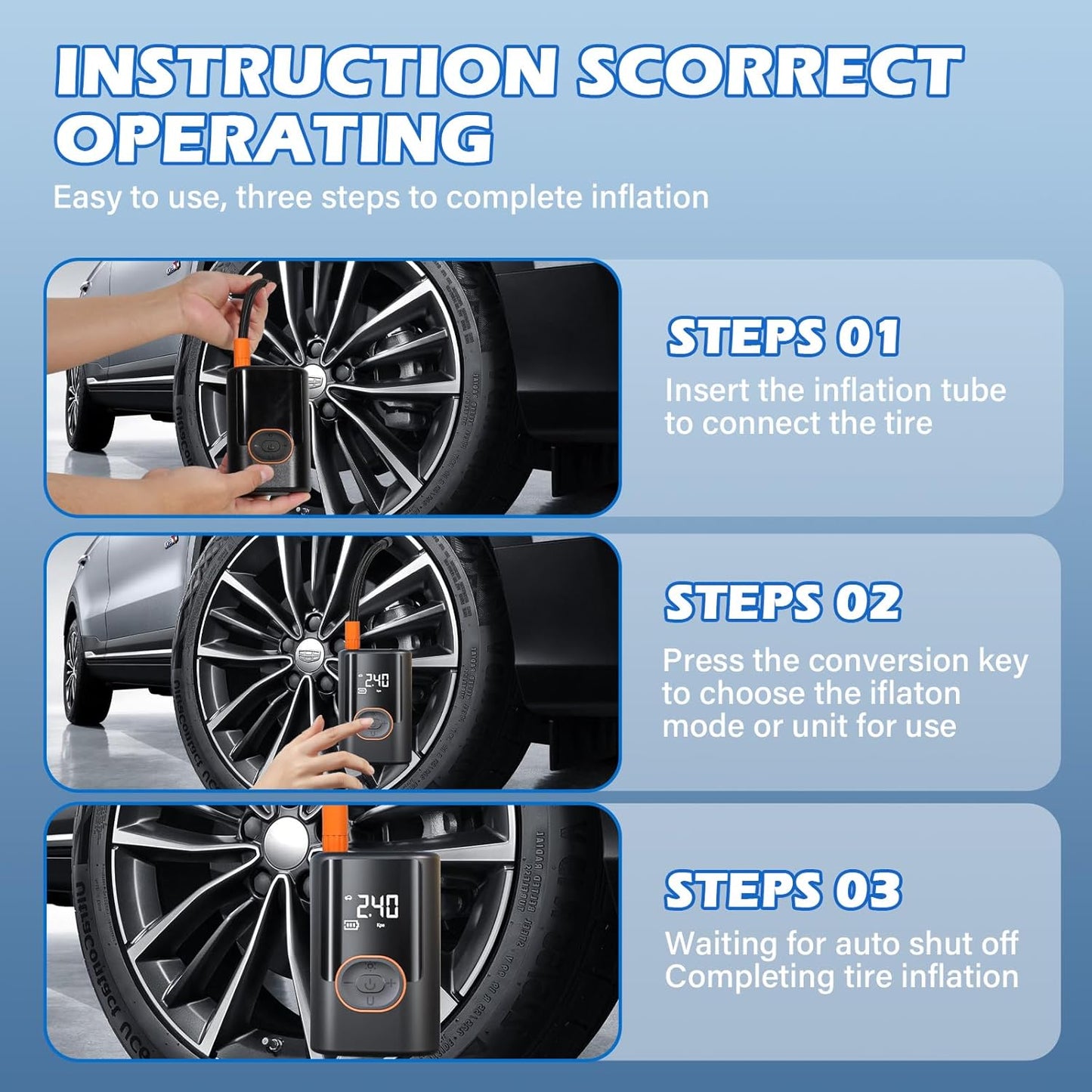 2025 Cordless Tire Inflator w/Digital Gauge 150PSI, Portable Air Pump for Car/Motorcycle/Bike, USB-C Fast Charge & Auto Shut-Off, Travel/Home Emergency Kit