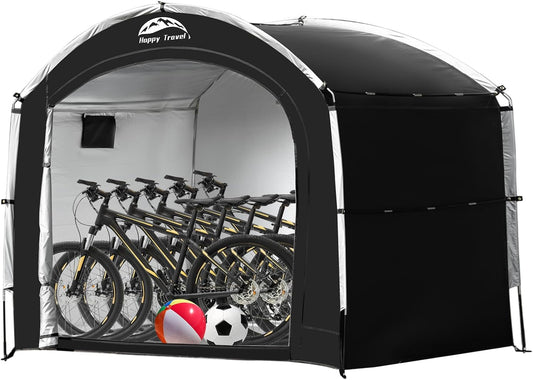 Happy Travel Bike Storage Tent Shed, Outdoor Waterproof Bicycle Covers Shelter with Window for 2/4/6/8 Bikes,Oversized Outside Portable Sheds for Lawn Mower,Garden Tools (Black)