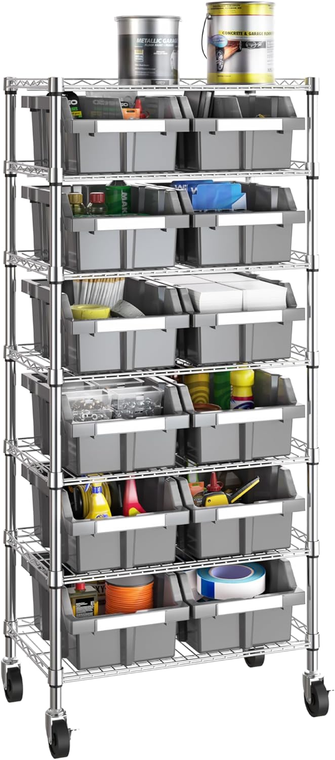 Seville Classics Heavy Duty NSF Bin Rack Solid Steel Wire Shelving Storage Unit, Patented Organizer for Garage, Warehouse, Office, Restaurant, Classroom, Kitchen, Gray, Includes 12 Bins
