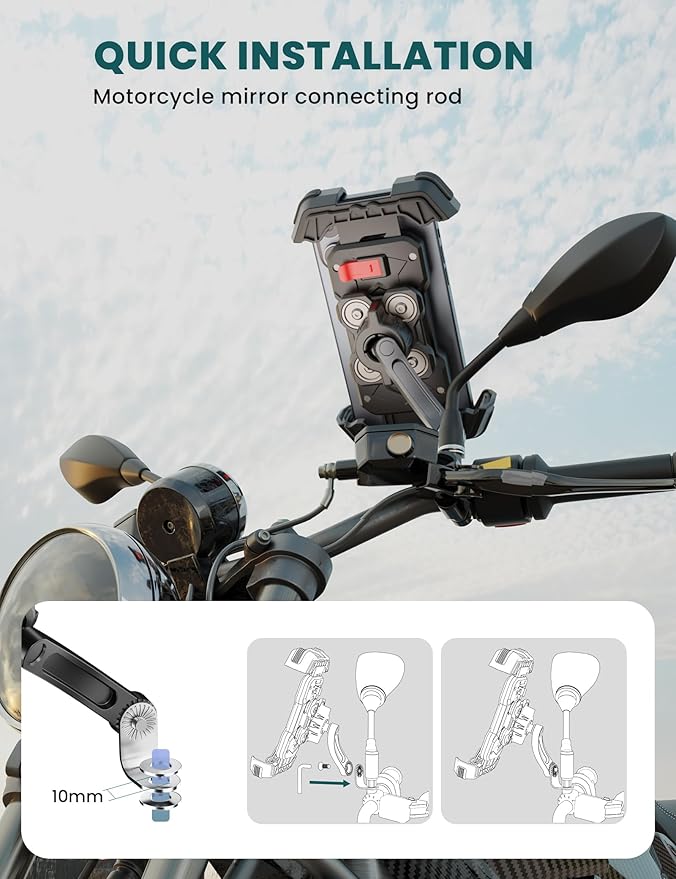 Motorcycle Phone Mount Holder 2025 [Dual Vibration Dampener] - Phone Holder for Motorcycle Rearview Mirror with 360° Rotation for iPhone 16/15/ 14/13 Pro Max, 4.5-7.2 Inch Smartphone