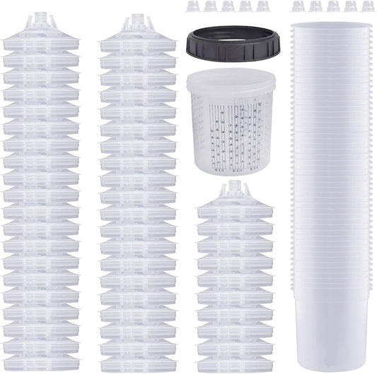 Disposable Paint Sprayer Mixing Cup for Automotive Paint Gun, HVLP Paint Spray Paint Gun 20 Ounce (600ml) Kit with 50 Cups and Lids System, 1 Hard Cup with Retainer Ring and 10 Plugs