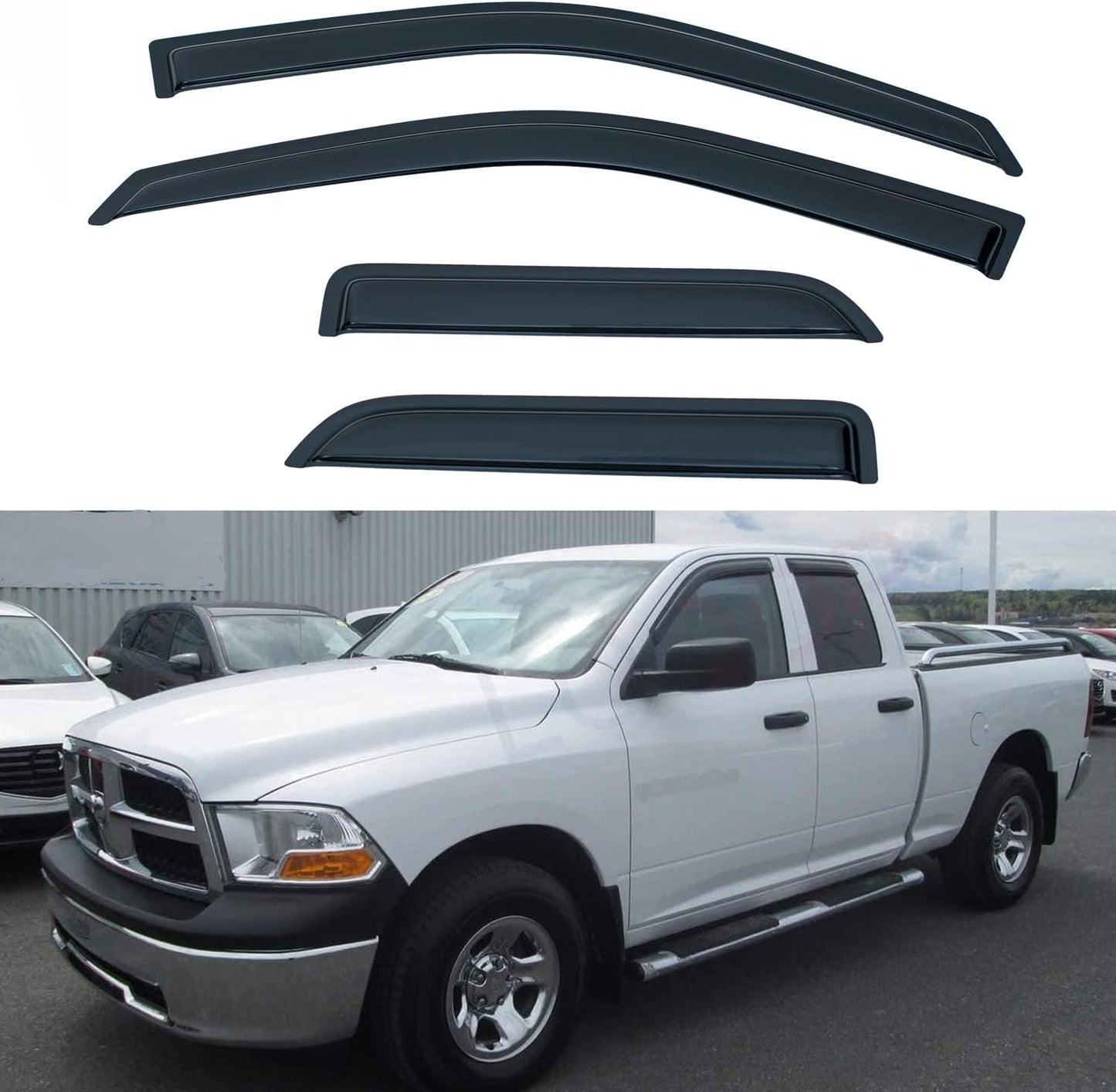 Set of 4 Front+Rear Smoke Sun/Rain Guard Outside Mount Tape-On Acrylic Window Visors Compatible with 09-18 Ram 1500 Quad/Extended Cab with Half Size Rear Doors + Full Size Front Doors