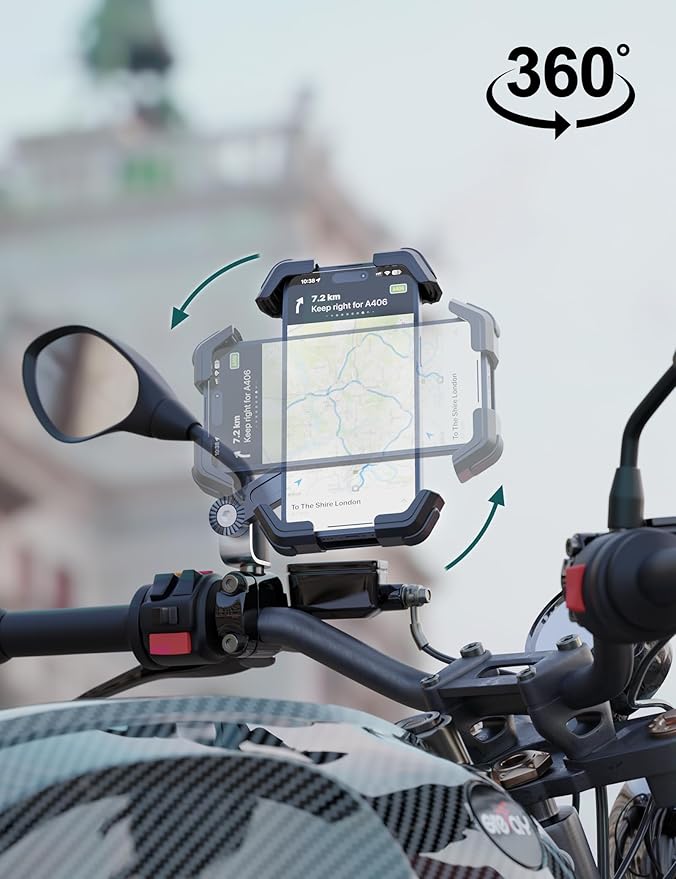 Motorcycle Phone Mount Holder 2025 [Dual Vibration Dampener] - Phone Holder for Motorcycle Rearview Mirror with 360° Rotation for iPhone 16/15/ 14/13 Pro Max, 4.5-7.2 Inch Smartphone