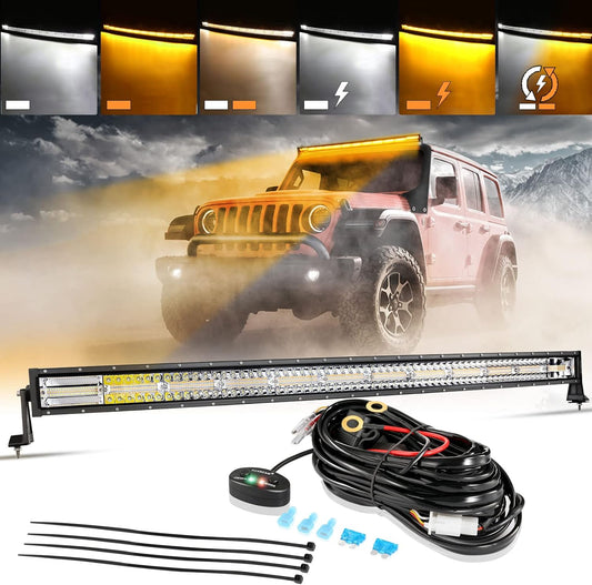 Auxbeam 50 Inch Curved LED Light Bar, 288W 6 Modes Amber White Strobe Fog Lights, Yellow Spot Flood Memory Reset Function Offroad Driving Work Ditch Light for Truck Car ATV