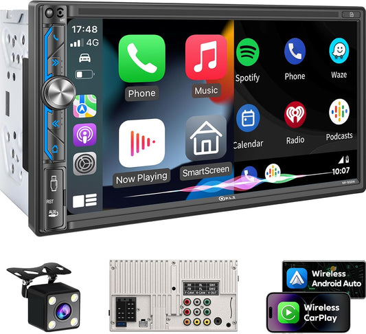 PLZ 7" Wireless Double Din Car Stereo Apple Carplay Radio Screen for Car Audio Receivers, Bluetooth 5.3 Car Play Android Auto Touchscreen, 240W 4.2 CHN 2 Subwoofers Outputs, Backup Camera, SWC, FM/AM