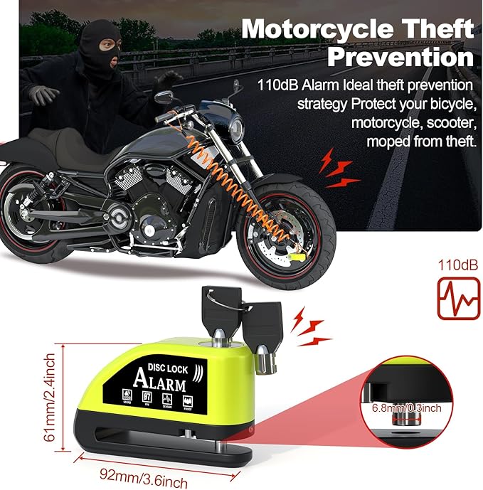 Motorcycle Lock Rechargeable, Alarm Disc Brake Lock with Reminder Cable, 110 dB Alarm Sound, Anti-Theft Waterproof, 2 H Fast-Charging, 9 Months Standby, 7 mm Lock Pin Universal for Bikes