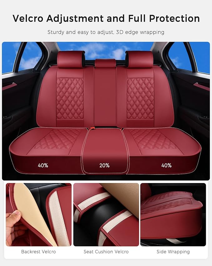 Huidasource Rear Car Seat Cover, Nappa Leather Rear Seat Cover Velcro Adjustable, Compatible with Armrests, Seat Belts, Child Safety Seats, Universal Fit for Most Cars SUVs Trucks (Back Row/Red)