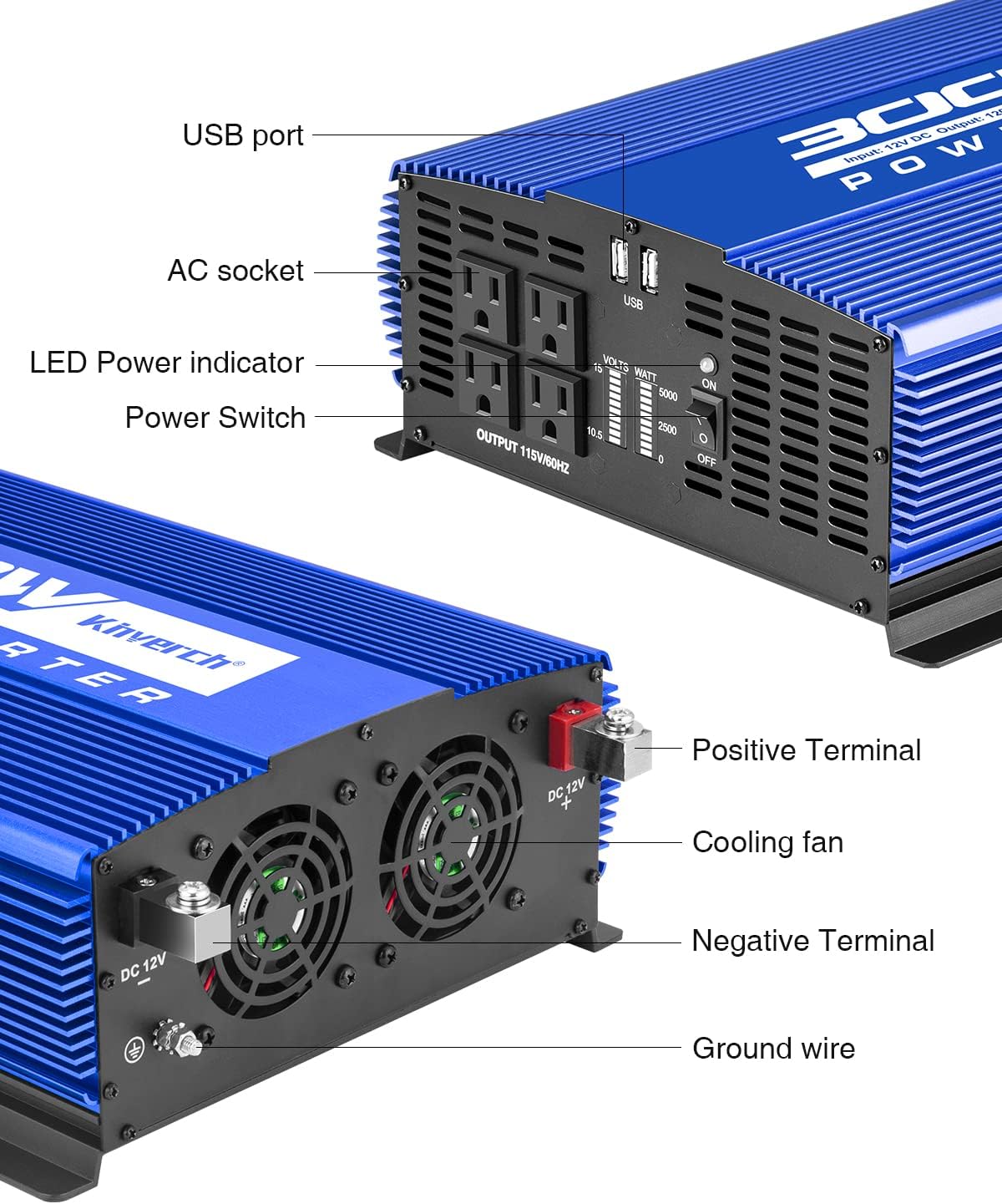 3000W Power Inverter 12V DC to 110V AC Car Battery Inverter with 4 AC Outlets /2 USB Port, Car Inverter for Home/Truck/Boat/RV Power Inverters for Vehicles