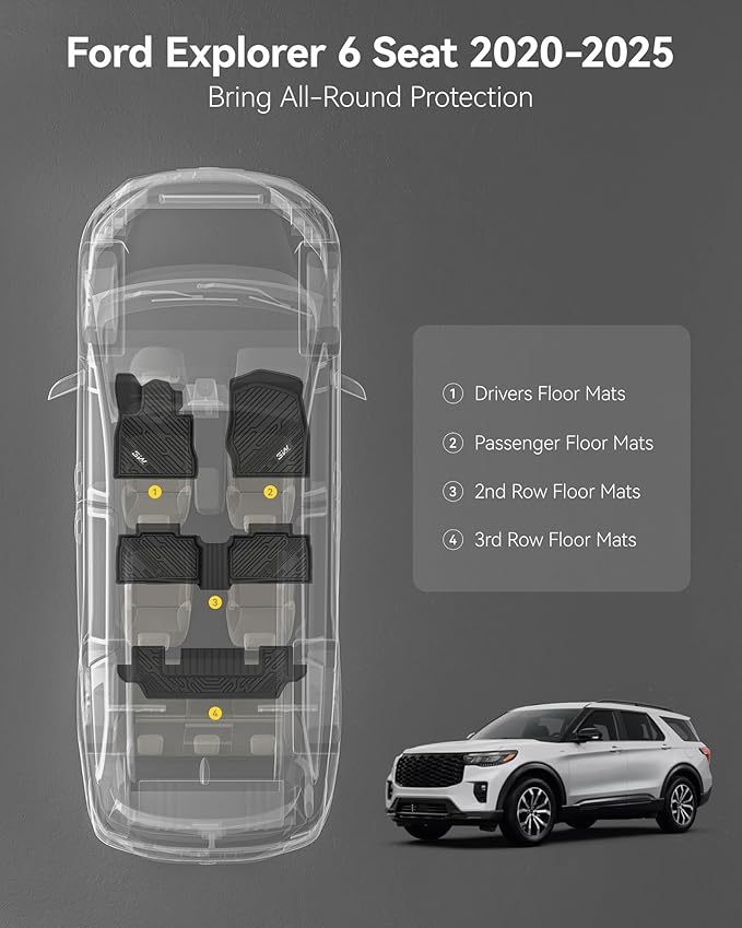 3W Ford Explorer Floor Mats - All Weather TPE Liners, Custom Fit for 6 Passenger 3-Row Explorer (2020-2025) & Hybrid