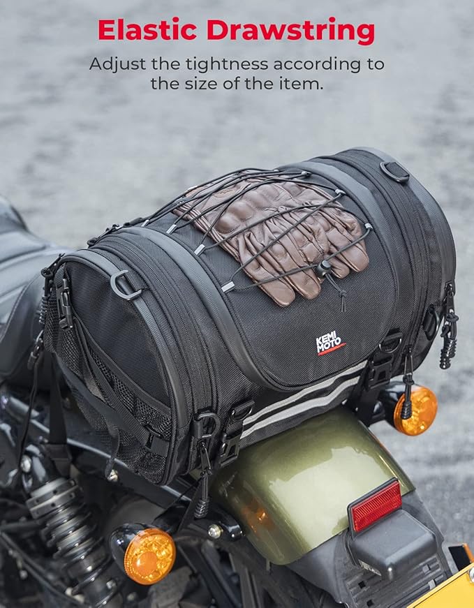 KEMIMOTO Motorcycle Motorcycle Tail Bags 18-20L Expandable Sissy Bar Bag Water-Resistant Rear Seat Roll Luggage Hard Shape with Rain Cover & 4 Straps