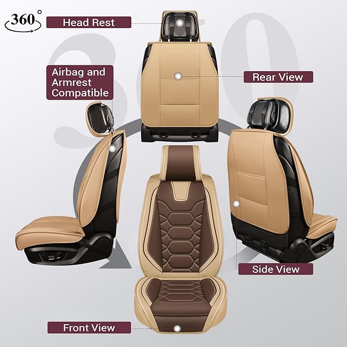 OASIS AUTO Car Seat Covers Full Set, Waterproof Faux Leather Seat Covers for Cars Universal Fit for SUV, Truck, Sedan, Black Premium Car Seat Protector with Front & Back Cushions (OS-004 Coffee)