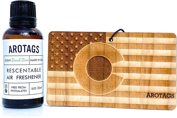 Arotags Car Air Freshener - Reusable Wood Diffuser - Hanging Odor Eliminator - Colorado Patriot - Beach Bum Scent