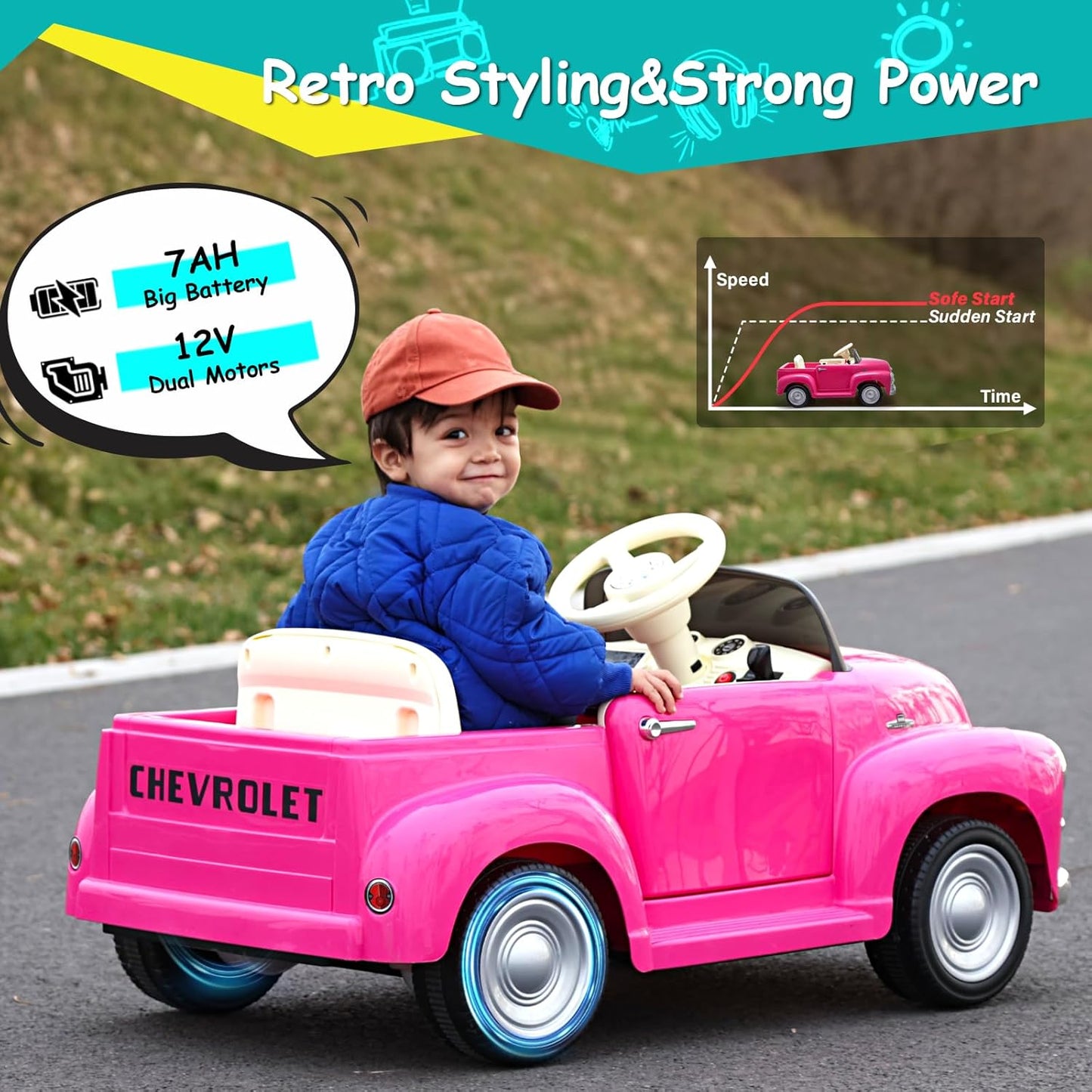 Joywhale 12V Kids Ride on Car Licensed Chevrolet 3100 Pickup Battery Powered Motorized Electric Car, with 7AH Big Battery, 2.4G Remote Control, 3-Speeds, Storage Space, Music, Retro Style, Pink