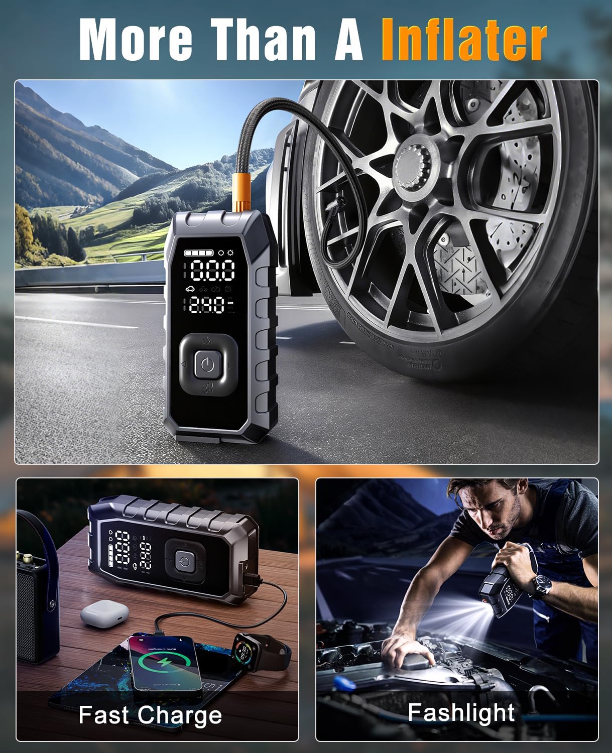 Tire Inflator Portable Air Compressor,65W Fast Charge 180PSI Cordless Electric Air Pump with Digital Pressure Gauge,Jump Starter Auto-Off for Car Bicycle Ball Inflatable,Battery Booster with Light