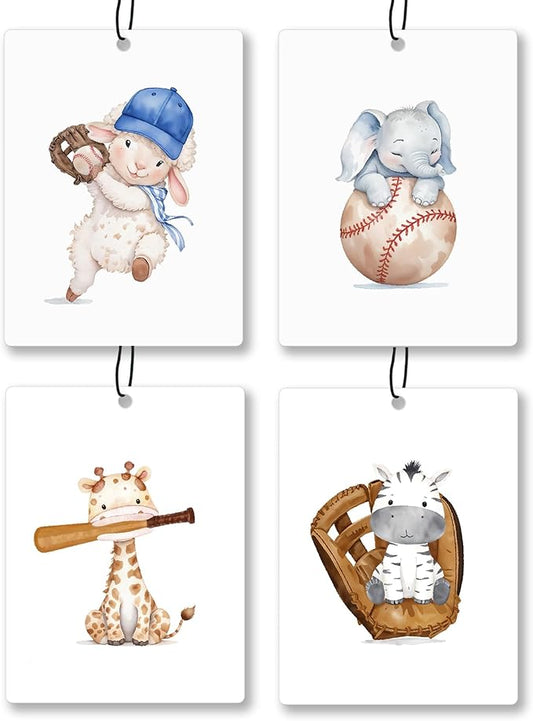 Baseball Animal Nursery Air Freshener 4 Pcs, Cute Animal Baseball Supplies Hanging Scents Air Freshener for Kids Boys Gifts, Vintage Scented Car Accessories Decor for Boys Kids Room Nursery
