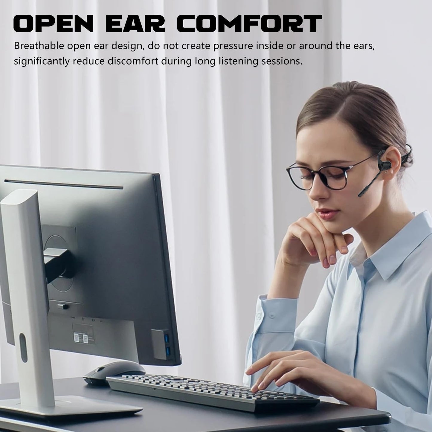 Open Ear Bluetooth 5.4 Headphones with Mic, Lightweight Wireless Headset with Microphone Noise Cancelling Mute Button for Home Office Work Driving Running Workouts, Dual Link, 15H Playtime