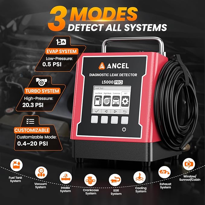 ANCEL L5000 PRO Upgraded Smoke Machine Automotive Adds Pressure Decay & Vacuum Test for EVAP Turbo Vacuum & More, Smoke Tester Automotive with Built-in Pump, LCD Screen, Detects Micro to Major Leaks