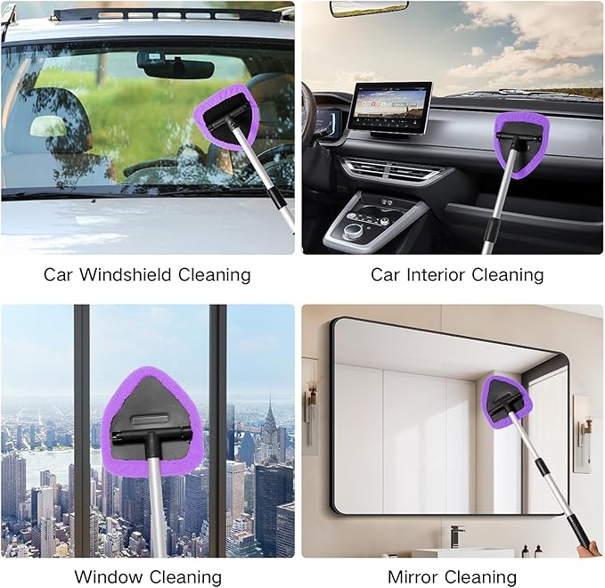 10pcs Windshield Cleaning Tool Inside Car Window Cleaner Wash Kit with 4 Reusable Microfiber Pads 1 Spray Bottle and Extendable Handle Interior Auto Glass Wiper Kit, Purple