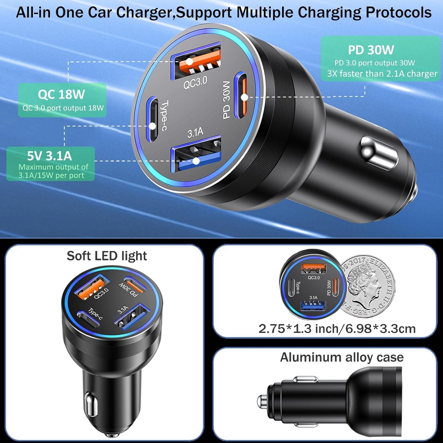 Car Charger USB C Fast Charging, 65W 4-Port Fast Car Phone Charger Accessories Dual USB-C & USB-A Cargador Carro Cigarette Lighter Adapter for iPhone 16 15 14 13 Pro Max,iPad,Samsung,Tablet,Android