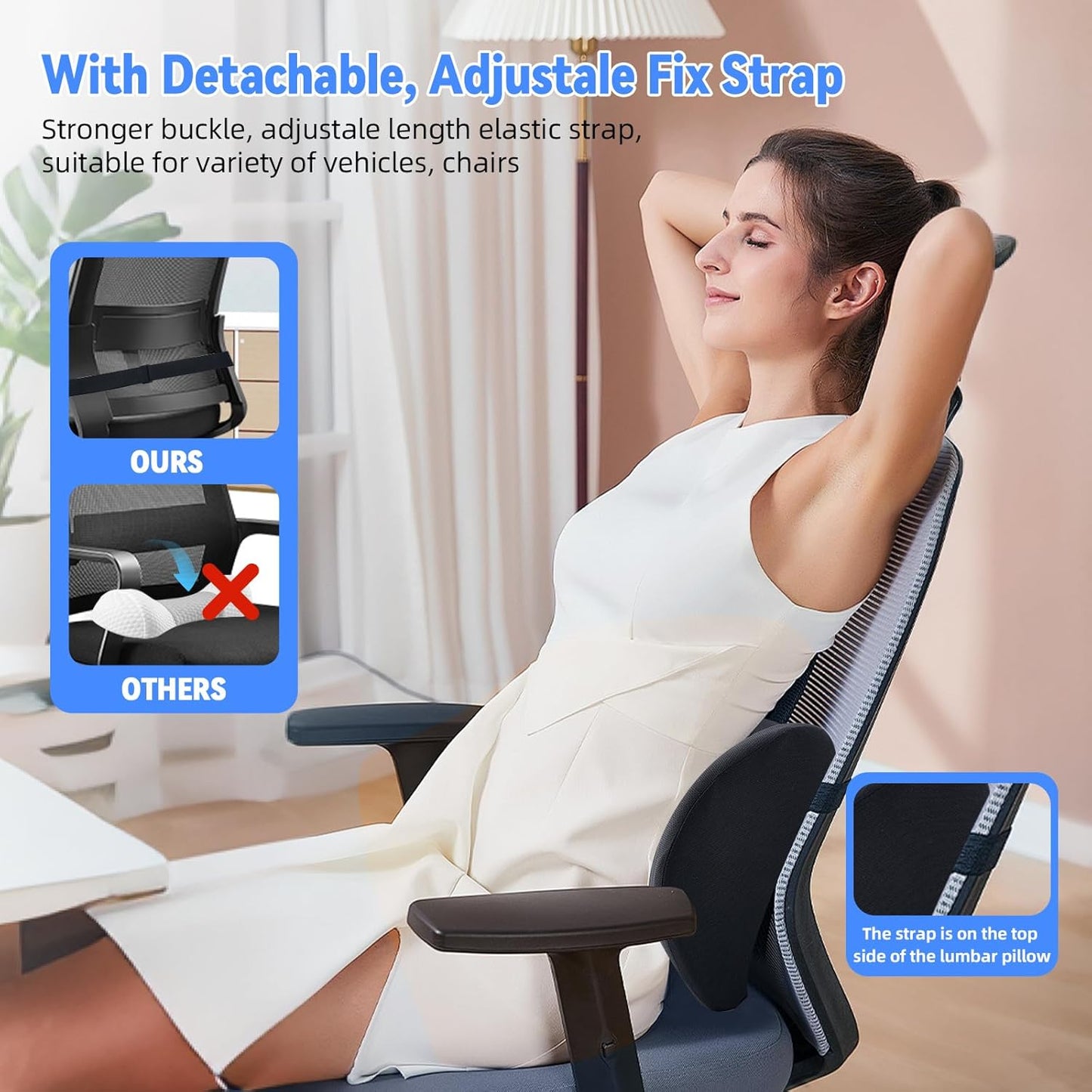 Lumbar Support Pillow for Office Chair and Car Seat, Lumbar Pillow with Adjustable Strap, Memory Foam Back Pillow for Lower Back Pain Relief, Back Support Pillow for Sitting, Driving, Traveling