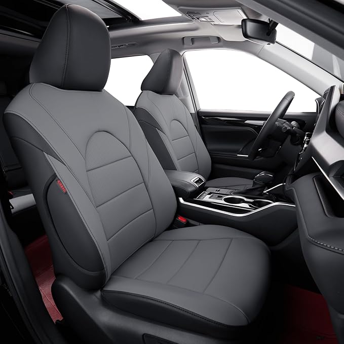 coverdream Grand Highlander Seat Covers Full Set for 2024 2025 2026 Toyota Grand Highlander SUV Seat Cushion,2nd Row w/Captain Seats,Fully Covered,Luxury Leather Car Seat Protector(Black/Grey)