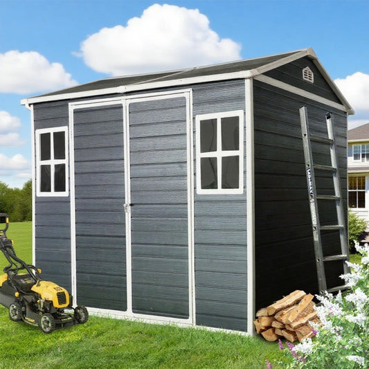 8x6 FT Outdoor Storage Resin Shed with Floor,Waterproof Plastic Garden Bike Shed with Lockable Door, Sloped Roof, Vents & Windows, Easy Assembly Tool Shed for Lawn, Backyard, Patio, Black