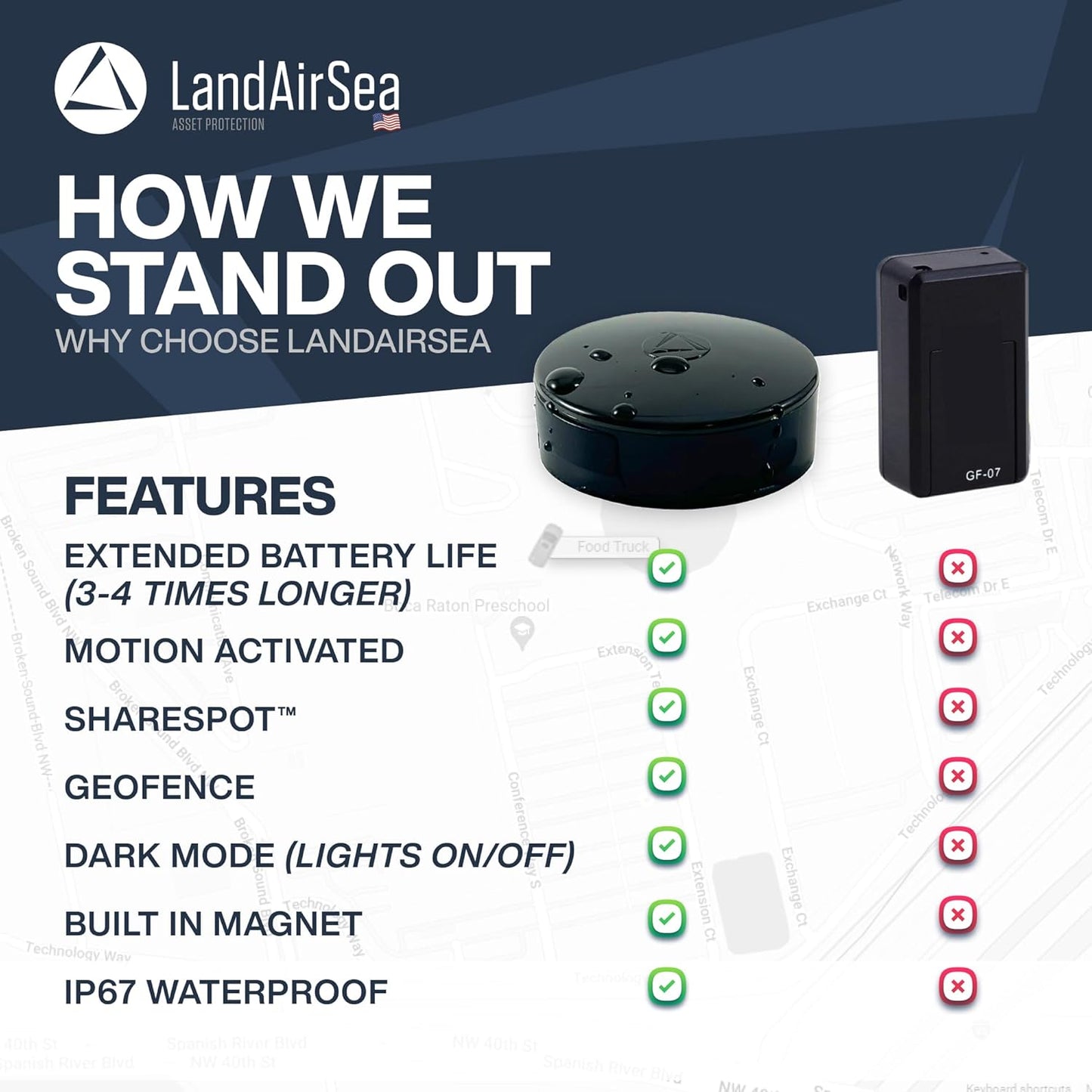 LandAirSea Overdrive GPS Tracker — Extended Life Battery, Magnetic, and Waterproof. Commercial GPS Tracker for Vehicles, Trailers, Equipment, and Assets. Real-Time Global Tracking.