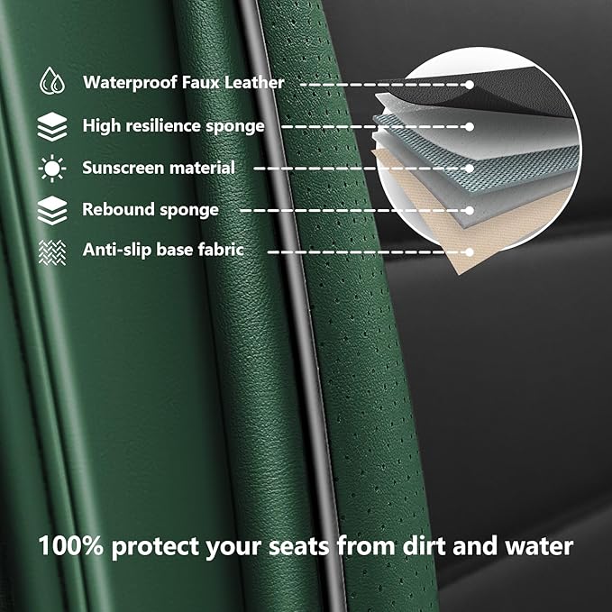 Full Set Car Seat Covers for GMC Sierra 1500/2500/3500 Denali SLT AT4 AT4X Base Seat Covers 2008-2025, Waterproof Premium Nappa Leather Seat Protectors(Standard 5 Seats/Black&Green)