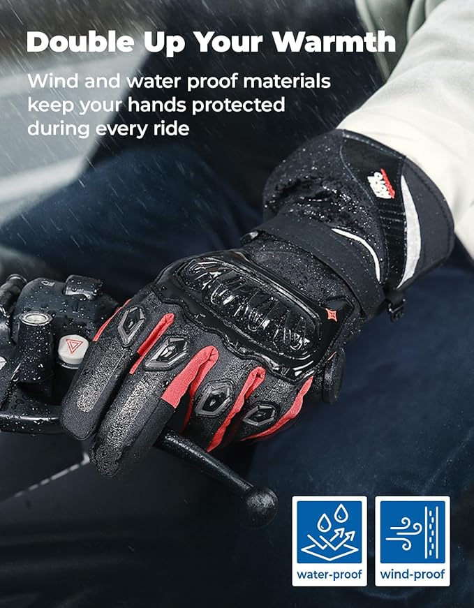 KEMIMOTO Winter Motorcycle Gloves, Rainproof Riding Warm Gloves with Touchscreen for Motorcycle Riding, ATV, UTV, Snowmobile Red XXL